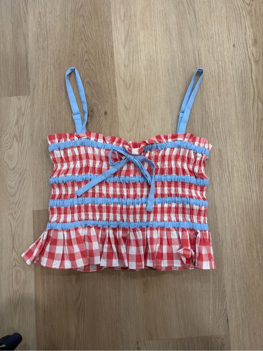 AUREUM Red & White Gingham Smocked Camisole with Blue Trim